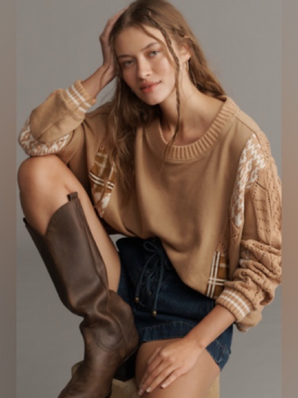 Pilcro Camel Pullover with Patterned Cable Knit and Patchwork Sleeves, XL
